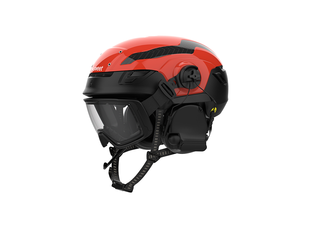 Ascender SAR helmet in Bright Red, front three-quarter view, with visor and comms headset fitted