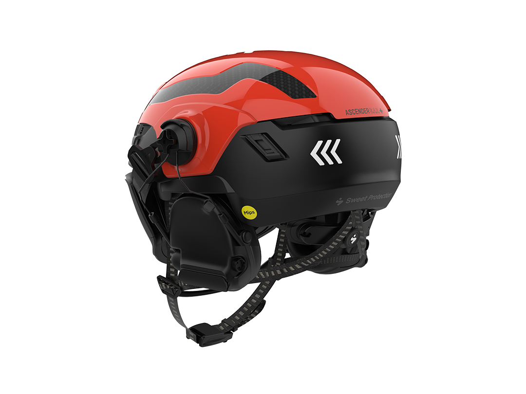 Ascender SAR helmet in Bright Red, rear three-quarter view, with visor and comms headset fitted