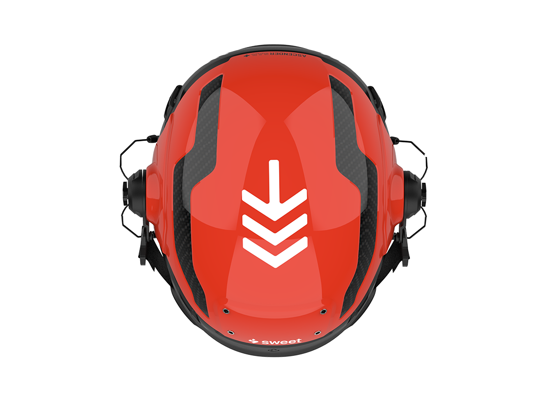 Ascender SAR helmet in Bright Red, top view, with comms headset fitted
