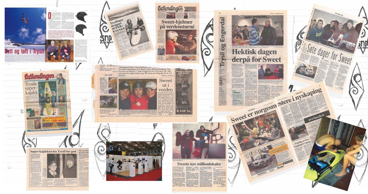 Collage of Norwegian newspaper clippings about Sweet Protection