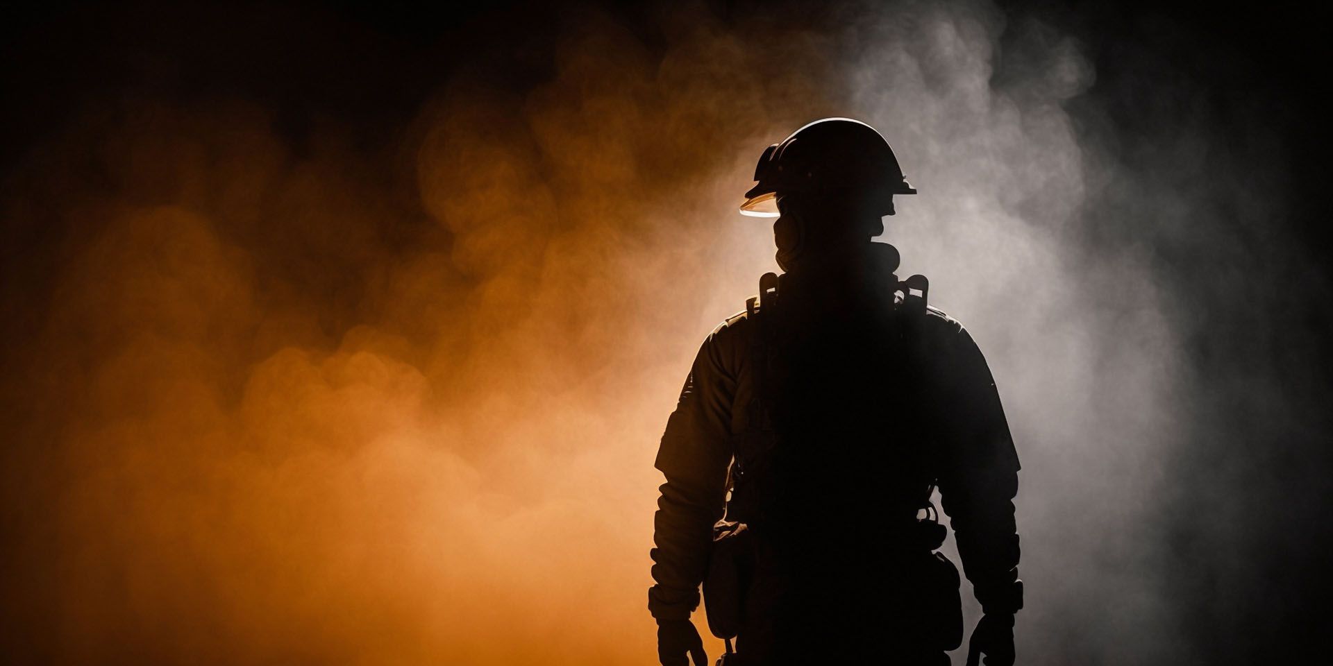 Firefighter wearing a helmet with visor lowered in smoke
