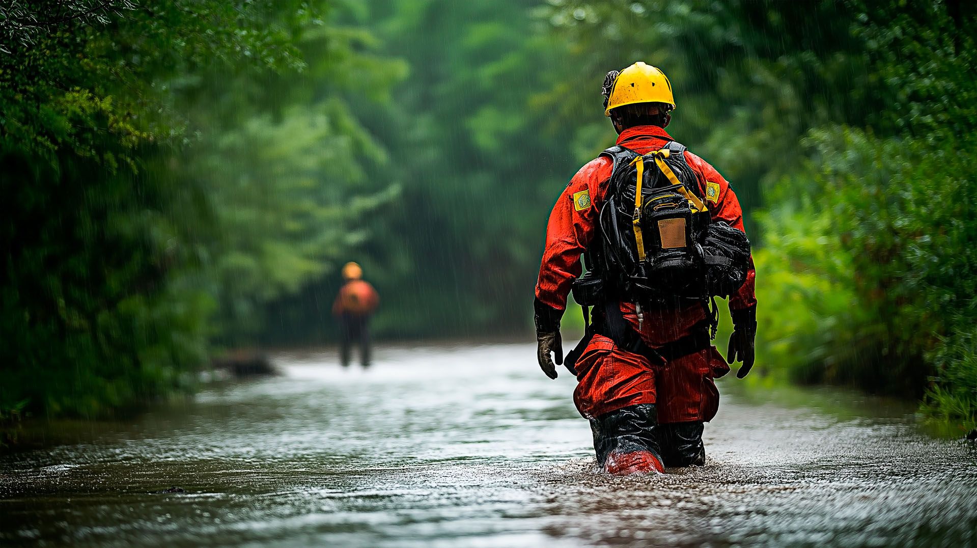 Rescuer working in flood water