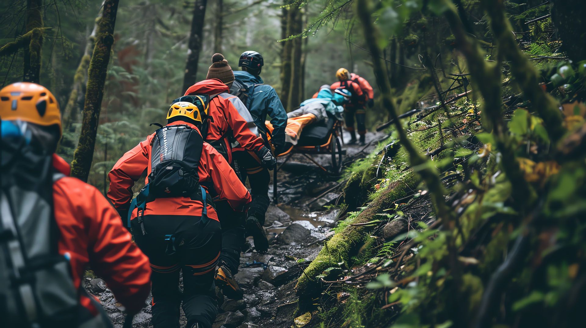 Ground search team moving through forest