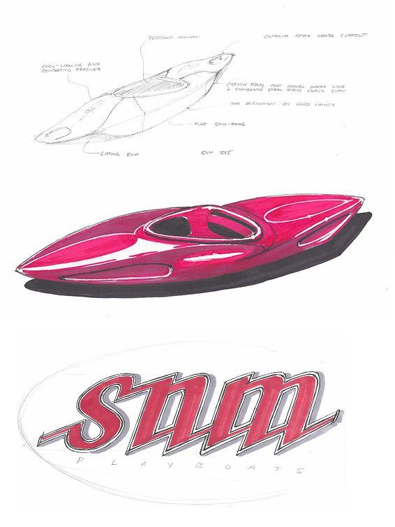 SNM Playboats sketches: kayak line drawing, marker rendering and logo